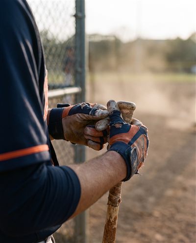 A young player tightening worn batting gloves around a wooden bat
